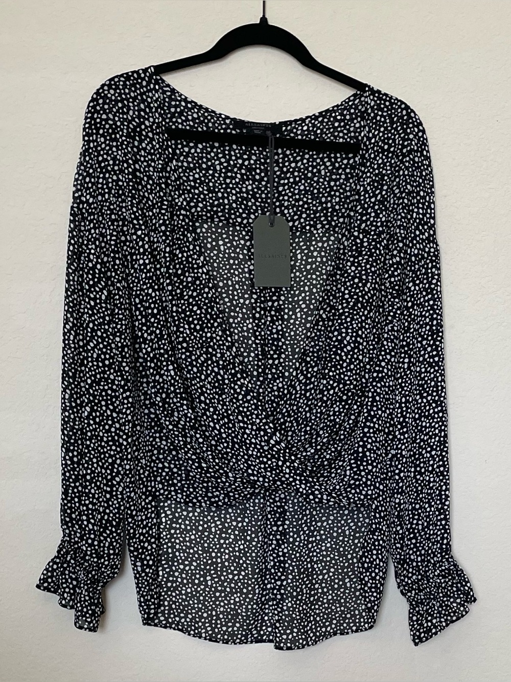 All Saints Penny Splash Black and White Dot Twist-Front Blouse